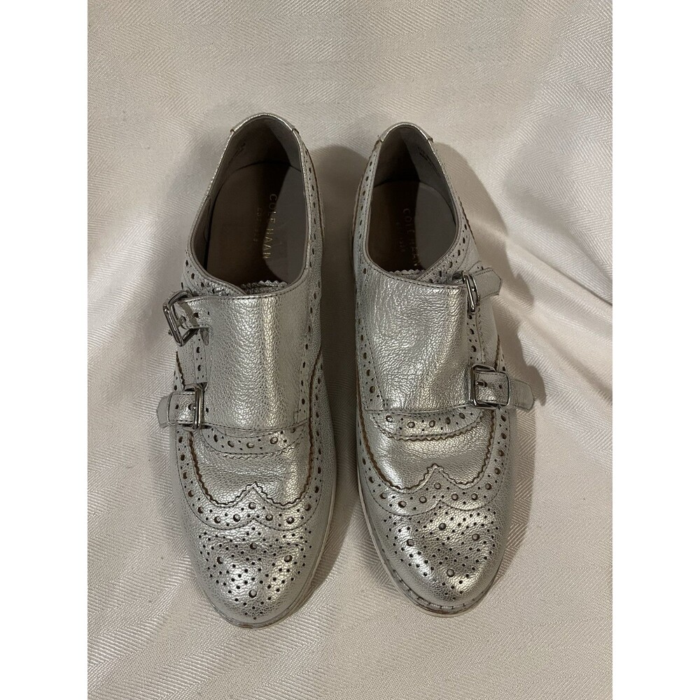 Cole Haan Silver Metallic Buckle Wingtip Leather Comfort Loafer Women Size 6‎
